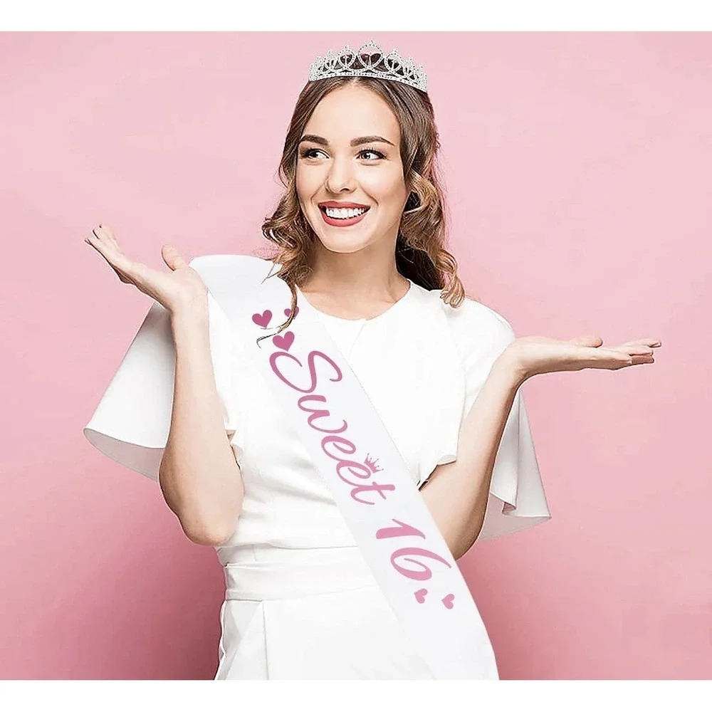 Sweet 16 Sash and Rhinestone Tiara, Pearl Pin & 10 Balloons NEW